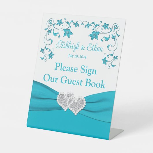 Signe De Table Turquoise, Blanc, Silver Love Hearts Mariage (Recto)