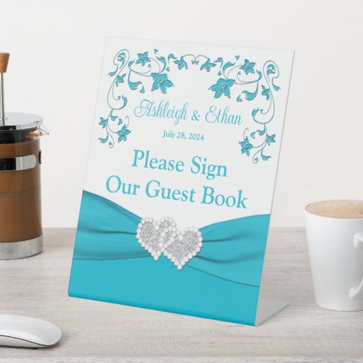 Signe De Table Turquoise, Blanc, Silver Love Hearts Mariage (In SItu)