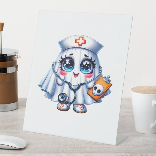 Signe De Table Un mignon fantôme d'Halloween en uniforme d'infirm (In SItu)