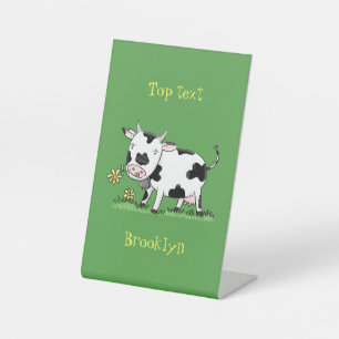Signe De Table Vache mignonne en vert dessin animé sur le terrain