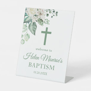 Signe De Table Vert Eucalyptus Fleurs blanches Baptême
