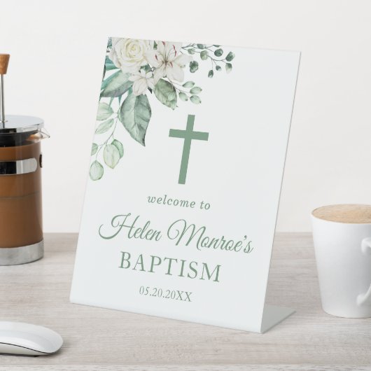 Signe De Table Vert Eucalyptus Fleurs blanches Baptême (In SItu)