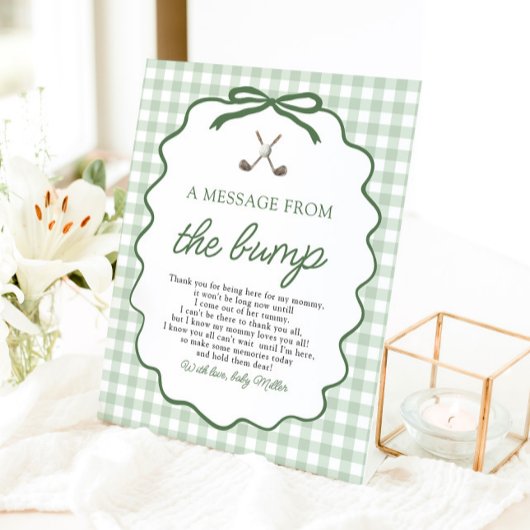 Signe De Table Vert sauge Gingham Golf Un message du bébé