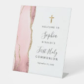 Signe De Table Vierge rose Agate Or Première Communion Sainte Bie (Recto)