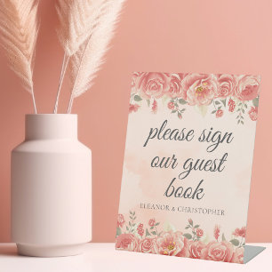 Signe De Table Vintage Coral Rose Aquarelle Mariage Livre d'or
