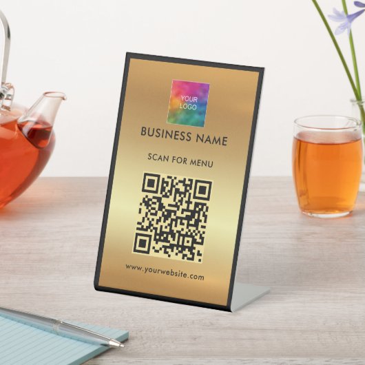 Signe De Table Votre Logo Scan For Menu QR Code Black Gold Custom (In SItu)