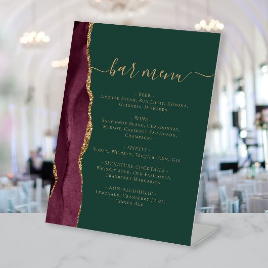 Signe De Table Wedding Bar Menu Burgundy Gold Agate Green