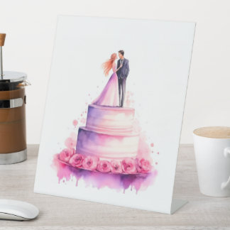 Signe De Table Whimsical Wedding Cake Couple Sign - Romantic Wate