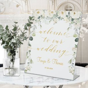 Signe De Table White Peony Gold Calligraphy Bienvenue Au Mariage