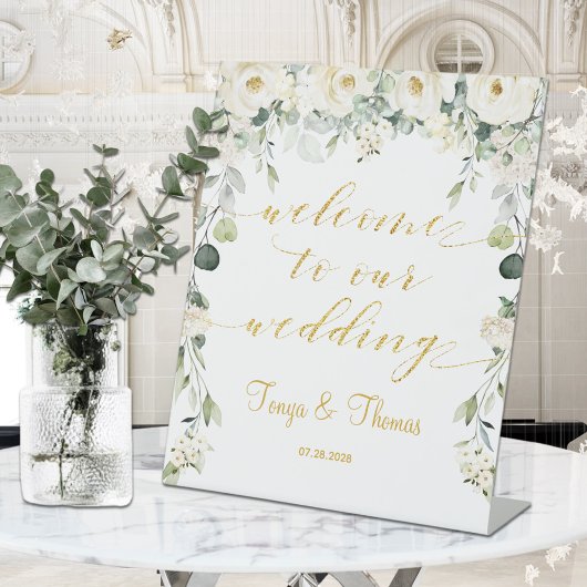 Signe De Table White Peony Gold Calligraphy Bienvenue Au Mariage