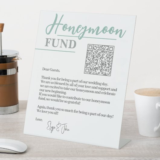 Signe De Table White & Sage Green Elegant QR Code Honeymoon Fund (In SItu)