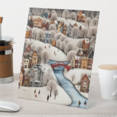 Signe De Table Winter Village Scene Cozy Snowy Town  (In SItu)