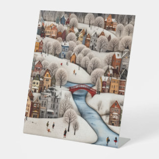 Signe De Table Winter Village Scene Cozy Snowy Town 
