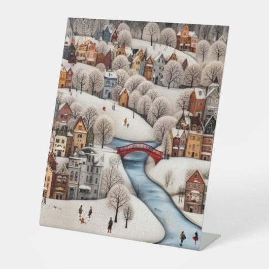 Signe De Table Winter Village Scene Cozy Snowy Town  (Recto)