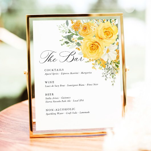 Signe De Table Yellow Floral Rose Wedding Bar Menu