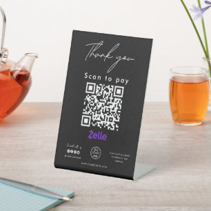 Signe De Table Zelle QR Code Logo Scan to Pay Merci Noir