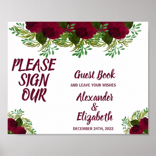 Signez notre livre d'or mariage fleurs rouges feui (Devant)