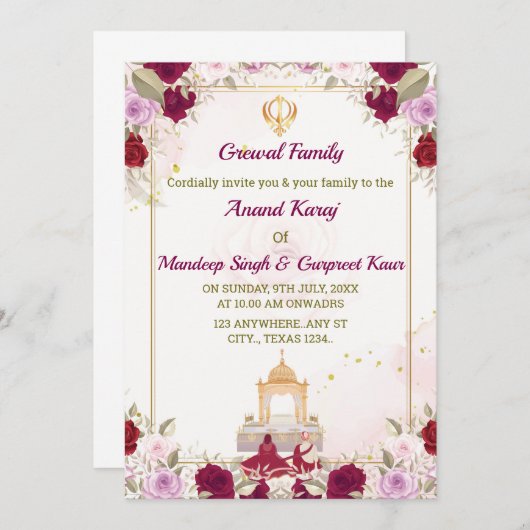 Sikh Faire-part de mariage, Anand Karaj Card, (Devant / Derrière)