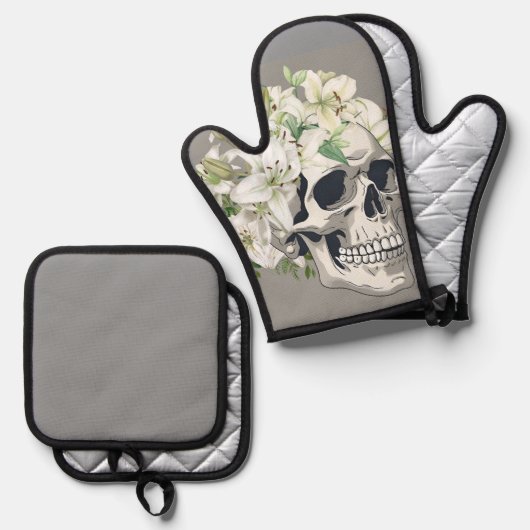Silent Bloom: Schedel en witte lelies Ovenwant & Pannenlap Set (Voorkant / Achterkant)