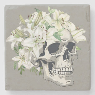 Silent Bloom: Schedel en witte lelies Stenen Onderzetter