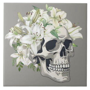 Silent Bloom: Schedel en witte lelies Tegeltje