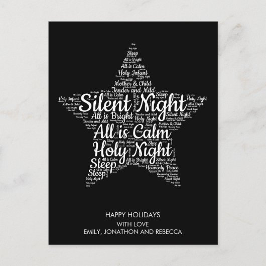 Silent Night Tekst Ster Vorm WordArt Wit Zwart Feestdagenkaart (Voorkant)