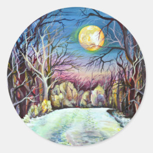 Silent Night Winter Full Moon in Zweden Ronde Sticker