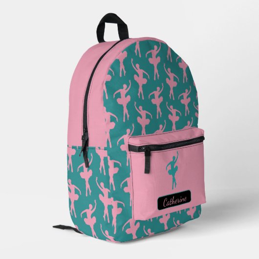 Silhouet Ballerina in Roze en Blauwgroen Bedrukte Rugzak (Achterkant Hoek Links)