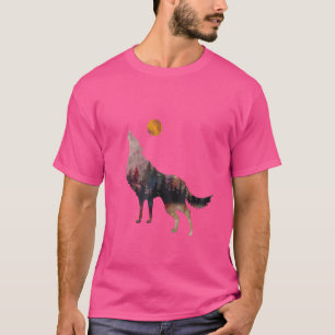 Silhouet huilend wolf bos met volle maan en t-shirt