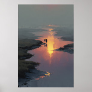 Silhouet Koppel Zonsondergang Stroom Reflectie Poster