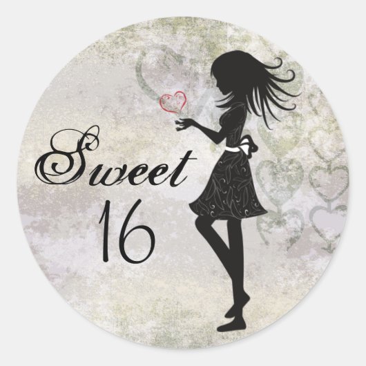 Silhouet Meisje en harten Sweet 16 Verjaardag Ronde Sticker (Voorkant)