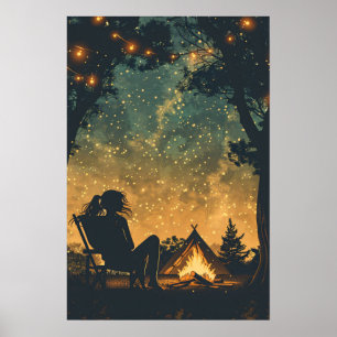 Silhouet meisje nacht camping avontuur poster