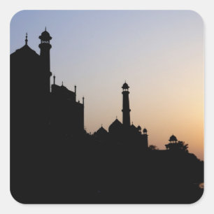 Silhouet van de Taj Mahal bij zonsondergang, Agra, Vierkante Sticker