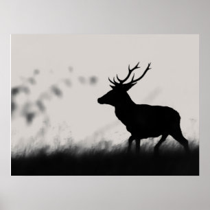 Silhouet van een edelhert in nevel – Zwart en Wit Poster