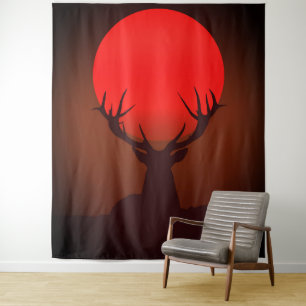 Silhouet van een hert met vurige rode zonsondergan wandkleed