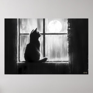 Silhouet van een kat bij het raam in het maanlicht poster