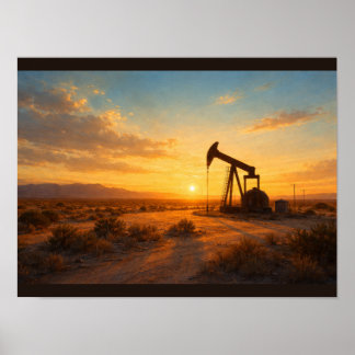 Silhouet van een oliepomp bij zonsondergang poster