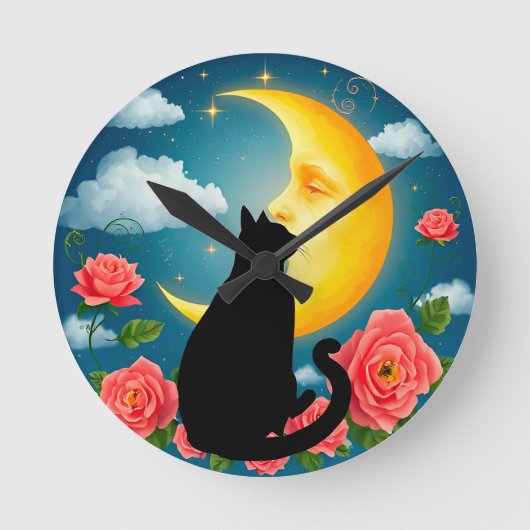 Silhouet van kat die voor maan zit ronde klok (Voorkant)