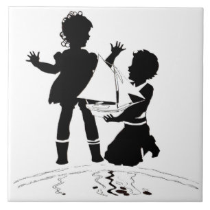 silhouet van meisje en jongen en modelboot tegeltje