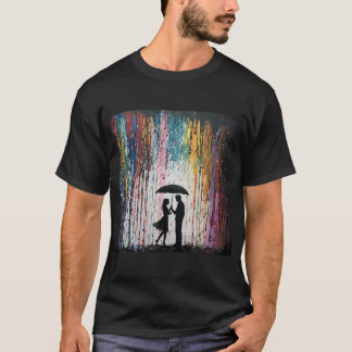Silhouet van stel onder paraplu met levendige verf t-shirt