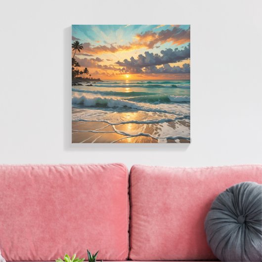 Silhouet van zonsondergang op het strand canvas afdruk (Insitu (Woonkamer))