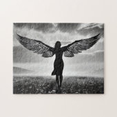Silhouet Vrouw met Engel Vleugels in Zwart & Wit Legpuzzel (Horizontaal)