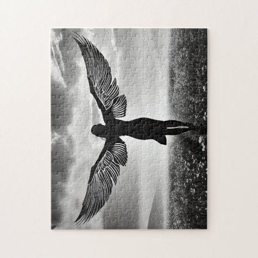 Silhouet Vrouw met Engel Vleugels in Zwart & Wit Legpuzzel (Verticaal)