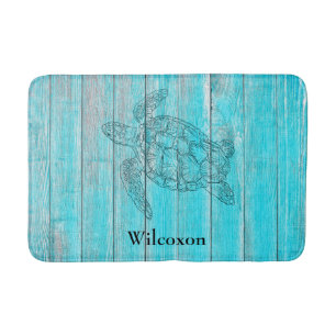 Silhouet Zee Turtle Rustiek Blauwgroen Hout Badmat
