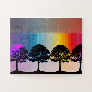 Silhouetbomen met Paarse bladeren Regenboogwand Legpuzzel