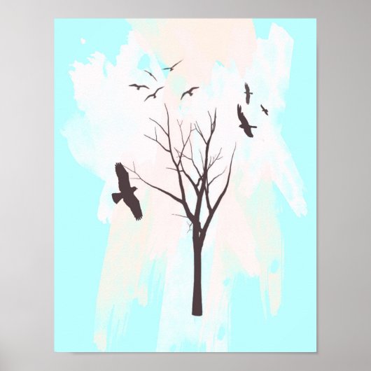 Silhouette Arbre Avec Oiseaux - Impression Poster (Devant)