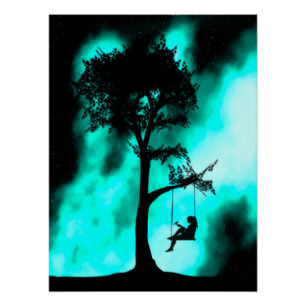 Silhouette Arbre Swing Girl Galaxy Poster brillant