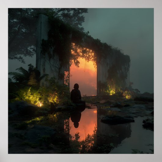 Silhouette Before Fiery Ruin Sunset Poster (Voorkant)