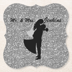 Silhouette Bride & Groom Silver Faux Glitter Kartonnen Onderzetters