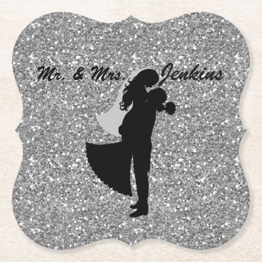 Silhouette Bride & Groom Silver Faux Glitter Kartonnen Onderzetters (Voorkant)